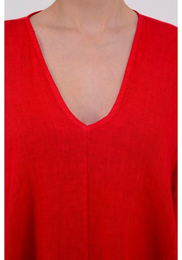 İtalyan V Yaka Uzun Kol Keten Elbise-8907 Kırmızı