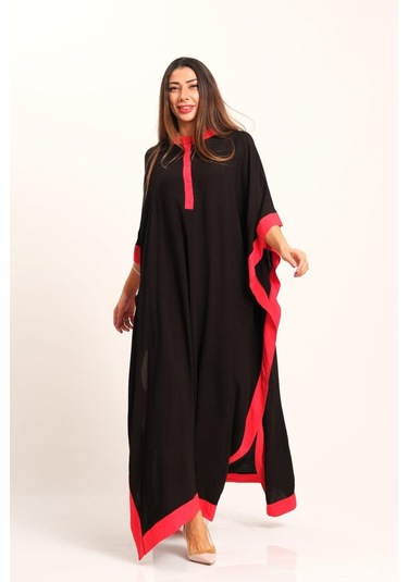 Kadın Siyah Kırmızı Garnili Sırtı Çiçek Nakışlı Püsküllü Yarasa Kol Yırtmaçlı Oversize Uzun Elbise - Sıyah Siyah