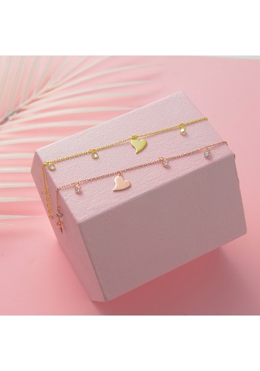 Queen Silver Jewelry 925 Ayar Gümüş. Kalp Objeli Zirkon Taş Sallantılı Bileklik Altın