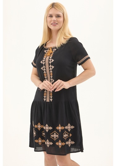 Şile Bezi Siyah Otantik Nakışlı Midi Elbise