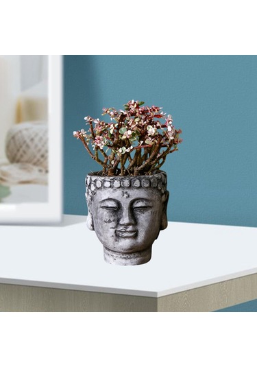 Suntek Çimento Buda Head Pot Statue Bonsai Çiçek Vazo Taş-gri