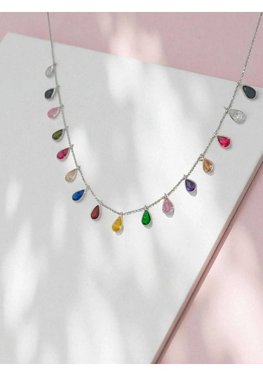 Rengarenk Damla Kesim Taşlı 925 Ayar Gümüş Kolye Şık Ve Işıltılı Tasarım Gümüş