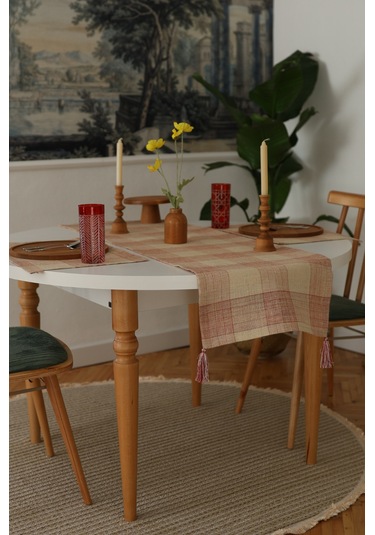 Yakacihome Juta Kırmızı 5 Parça 4 Parça Amerikan Servis & 1 Parça Püsküllü Runner Jüt Kumaş Sofra Seti Kırmızı