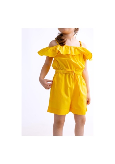 Oliventhekid Omuzdan Fırfırlı Poplin Kız Çocuk Tulum Sarı Sarı