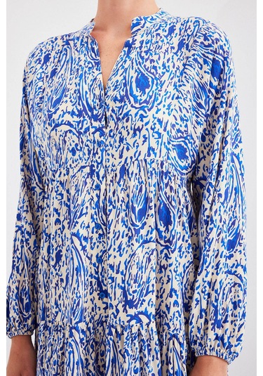 Bigdart Kadın Desenli Saks Viskon Tesettür Elbise 2423 001