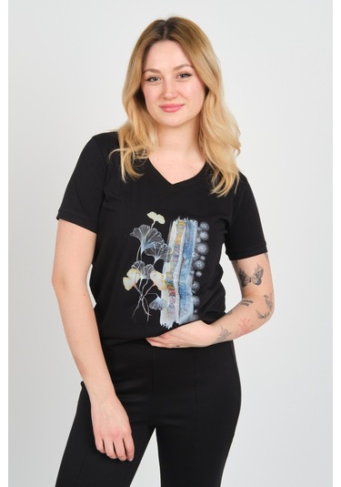 Sistas Kadın Baskı Desenli V Yaka Kısa Kollu Pamuklu Bluz 24100 Siyah Siyah