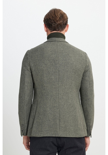 Erkek Hakı Slim Fit Dar Kesim Mono Yaka Desenli Torba Cepli Ceket Haki