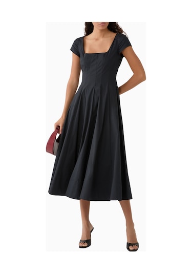 Staud Short Sleeve Wells Midi Elbise Siyah
