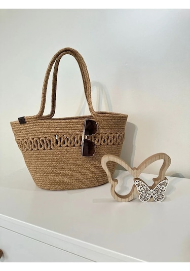 Doğal Hasır Jüt El Örmesi Bayan Çanta-bej Kırçıllı Trikotlu Bej