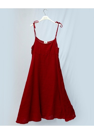 %100 Pamuk Müslin Nefes Alır Kadın Askılı Gecelik Elbise Pijama Rahat, Şık Gots Sertifikalı Kırmızı