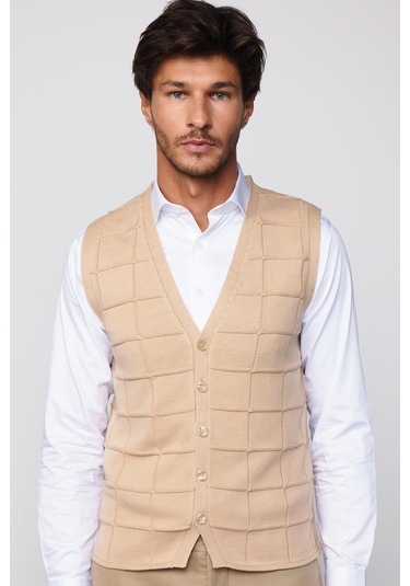 Tudors Slim Fit Kare Desenli Taş Rengi Erkek Yelek-29711-Taş