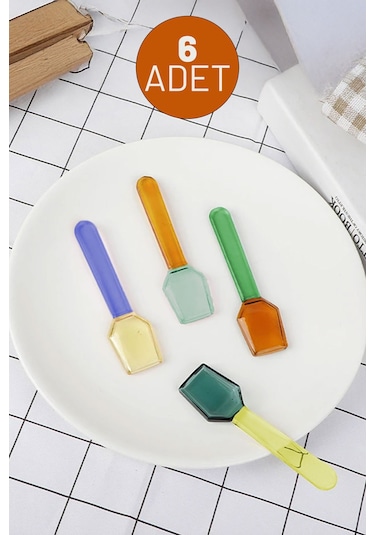 İronika 6lı Renkli Cam Kaşık Borosilikat Isıya Dayanıklı Özel Tasarım Çay Kahve Tatlı Kaşığı Altıgen Açık Mavi