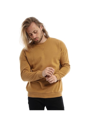 Erkek Bisiklet Yaka Karyoka Dikişli Sweatshirt Kahverengi