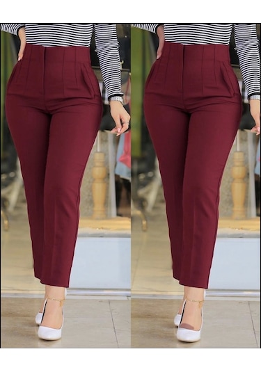 Modi Kadın Üste Oturan Paçası Bilek Üzerinde Biten Atlas Kumaş Pantolon 36 S - 48 4xl Bordo