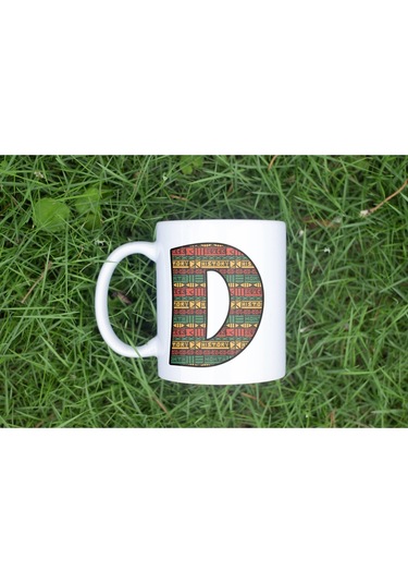 D Harfi Etnik Desenli Kupa - Afrika Tarzı Kahve Çay Kupası - Hediyelik - Black History Beyaz