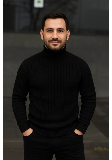 Erkek Fitilli Triko Kazak 2'li Set Beyaz Siyah Regular Balıkcı Yaka Tam Boğazlı Triko Seti Modeli Ka Beyaz Siyah