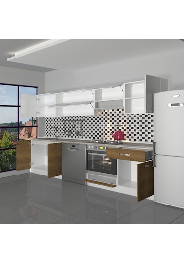 Decoraktiv Elite 280y Ank Mdf Hazır Mutfak Dolabı - Tezgah Dahil - Naturel Pera Beyaz - Meşe
