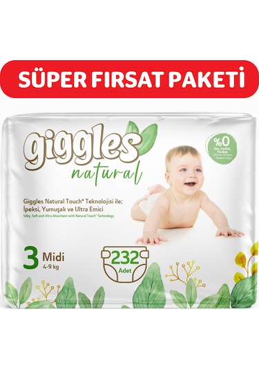Giggles Natural 3 Numara Midi Pamuklu Bebek Bezi 232 Adet