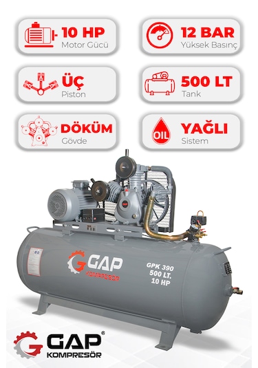 Gap Kompresör Gpk 390 Hava Kompresörü Pistonlu 500 Lt 3 Kafa 12 Bar 10 Hp