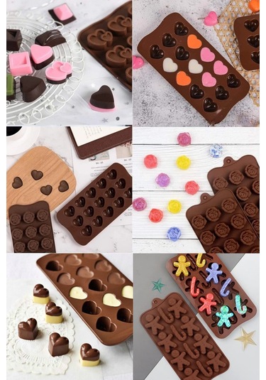 Tilbe Home 6'lı Silikon Dubai Çikolata Kalıbı Çok Figürlü Mini Jelibon Şekilli Buzluk Dondurma Kalıp Kahverengi