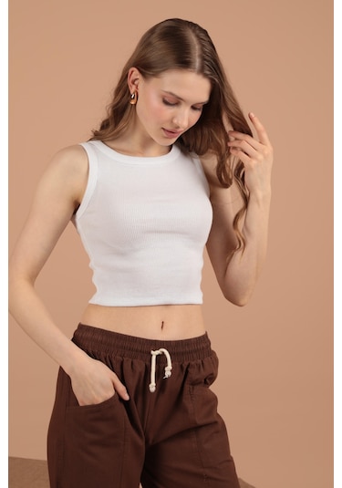 Chıcnhappy Kaşkorse Kumaş Halter Yaka Kadın Bluz Ekru - Kadın