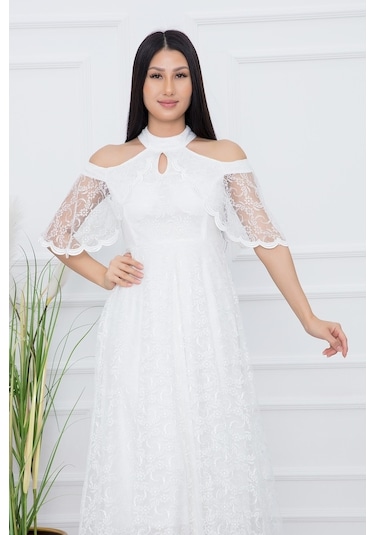 Kalopya Omuz Detay Uzun Dantel Abiye Elbise 13328 Ekru