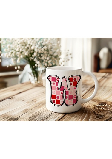 W Harfi Pembe Kareli Kalpli Göz Emojili Kupa Bardak Eğlenceli Kareli Tasarım Kahve Çay Kupası 07 Beyaz