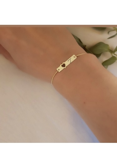 Archin T Harfine Özel 14 Ayar Altın Plakalı Zincirli Kalp Motifli Hediye Bileklik-432harf T