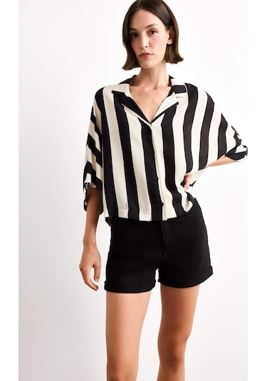 Defacto Oversize Geniş Kalıp Çizgili Kısa Kollu Gömlek G1324ax25smbk81 Siyah
