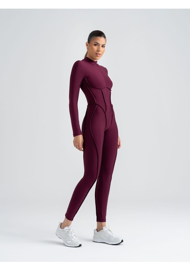 Dikişle Modellenmiş Spor Tayt Tulum Mürdüm