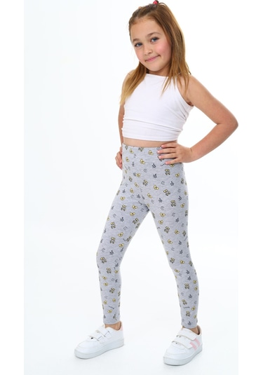 Toontoy Kız Çocuk Baskılı Tayt Gri Melanj