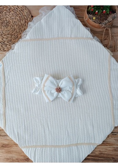 Pembe Triko Örgü Kız Bebek Batttaniyesi Kundağı Kalın Dantelli Yenidoğan Hastane Çıkışı Hediyelik Ekru