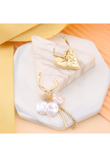 Moveevo Asimetrik Gümüş Kalp Modeli Barok Inci Tassel Küpe, Günlük Ve Bayram Giyimleri İçin Şık Dekoratif Aksesuar Gold