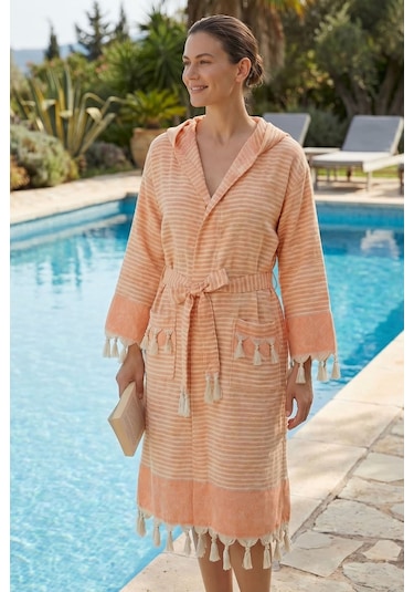 Kapşonlu Unisex Peştemal Plaj Bornozu %100 Pamuklu Seaside Stripe Turuncu