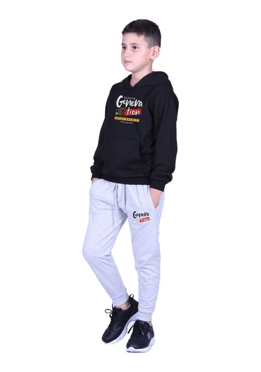 3'lü Erkek Çocuk Kapüşonlu Baskı Detaylı Eşofman Takımı Lacivert Füme Gri Lacivert Siyah Gri