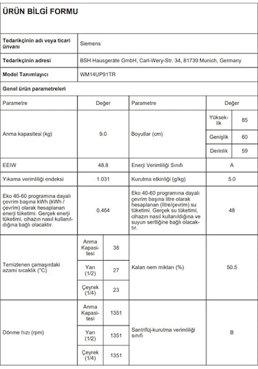 Siemens WM14UP91TR 1400 Devir 9 KG Çamaşır Makinesi