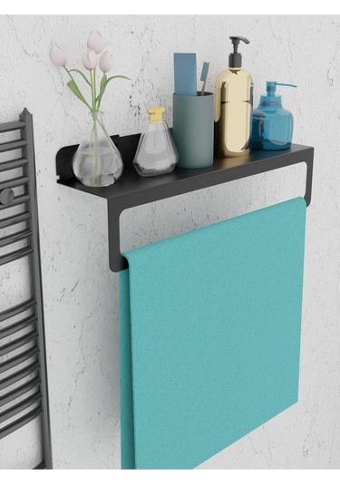 Siyah Ultra Güçlü Yapışkanlı Metal Raflı Havlu Tutucu, Raf Metal Havlu Askılığı Mt93s Siyah