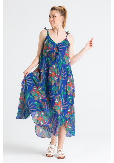 Askılı Vual Afrodit Midi Boy Elbise Saks 6192 - Kadın