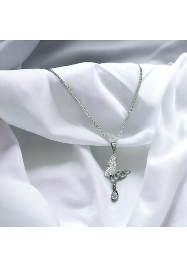 Xbaby Taşlı Kelebekli Gümüş Renk Kolye Altın - Gümüş