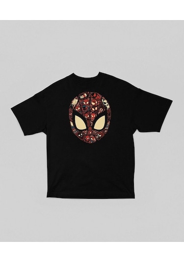 Maske Örümcek Adam Baskılı Unisex Oversize Marvel Tişört Siyah