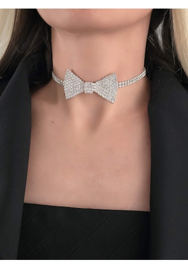 Papyon Model Rhinestone Choker Tasma Model Gümüş Renk Kolye Silver Çok Renkli