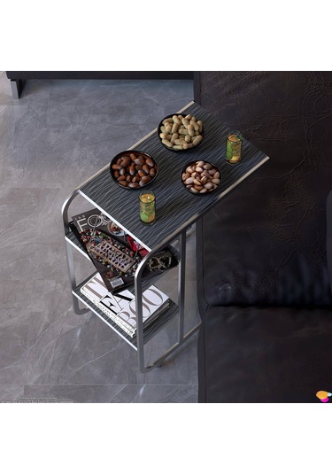 Modilayn C Yan Sehpa Dar Boy Tekerlekli Çalışma, Atıştırmalık, Yemek, Laptop Sehpası Siyah Çizgili Siyah