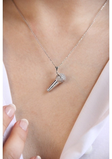 925 Ayar Gümüş Mikrofon Kolye - 23174301 Gümüş