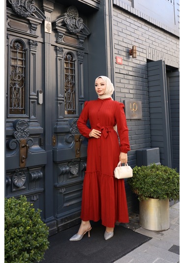 Kadın Kiremit Boydan Düğmeli Eteği Piliseli Kuşaklı Lara Keten Uzun Tesettür Elbise Kremit Kiremit