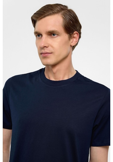 Lacivert Regular Düz Bisiklet Yaka Tişört-38578 Lacivert