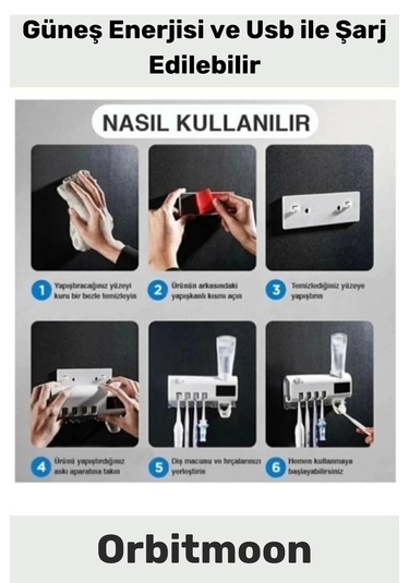 Yeni Seri Güneş Enerjili Usb Şarjlı Diş Macun Sıkacağı Sterilizatörlü 4 Adet Diş Fırçalığı Tutucu Çok Renkli