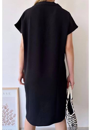 Kadın Siyah Kısa Kol, Polo Yaka, Dokulu Desen, Basic Kalıp/kesim, Aerobin Rahat Midi Elbise Siyah