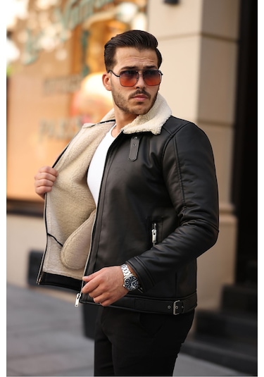 Erkek Napa Deri Içi Full Kürklü Yüksek Kalite Slim Fit Siyah-krem Mont & Ceket Siyah - Krem