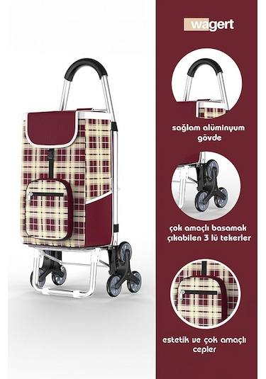 3 Tekerlekli Katlanır Desenli Alüminyum Pazar Arabası Su Geçirmez Kırmızı