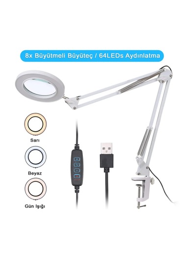 Monozone 8x Büyüteç Led Işık Kısılabilir 3renk Aydınlatmalı